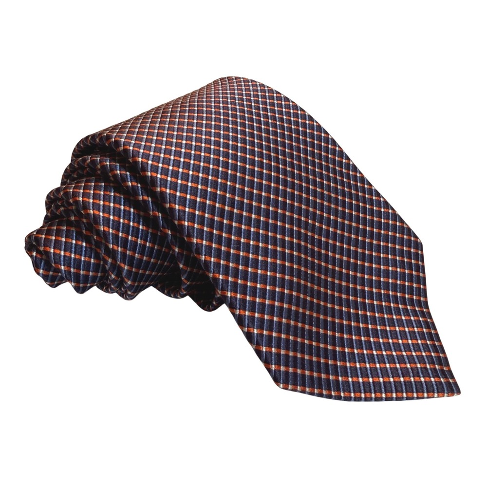 Nordstrom Tie Mens OS Classic Navy Orange Grid 100% Silk Smartcare USA VTG
